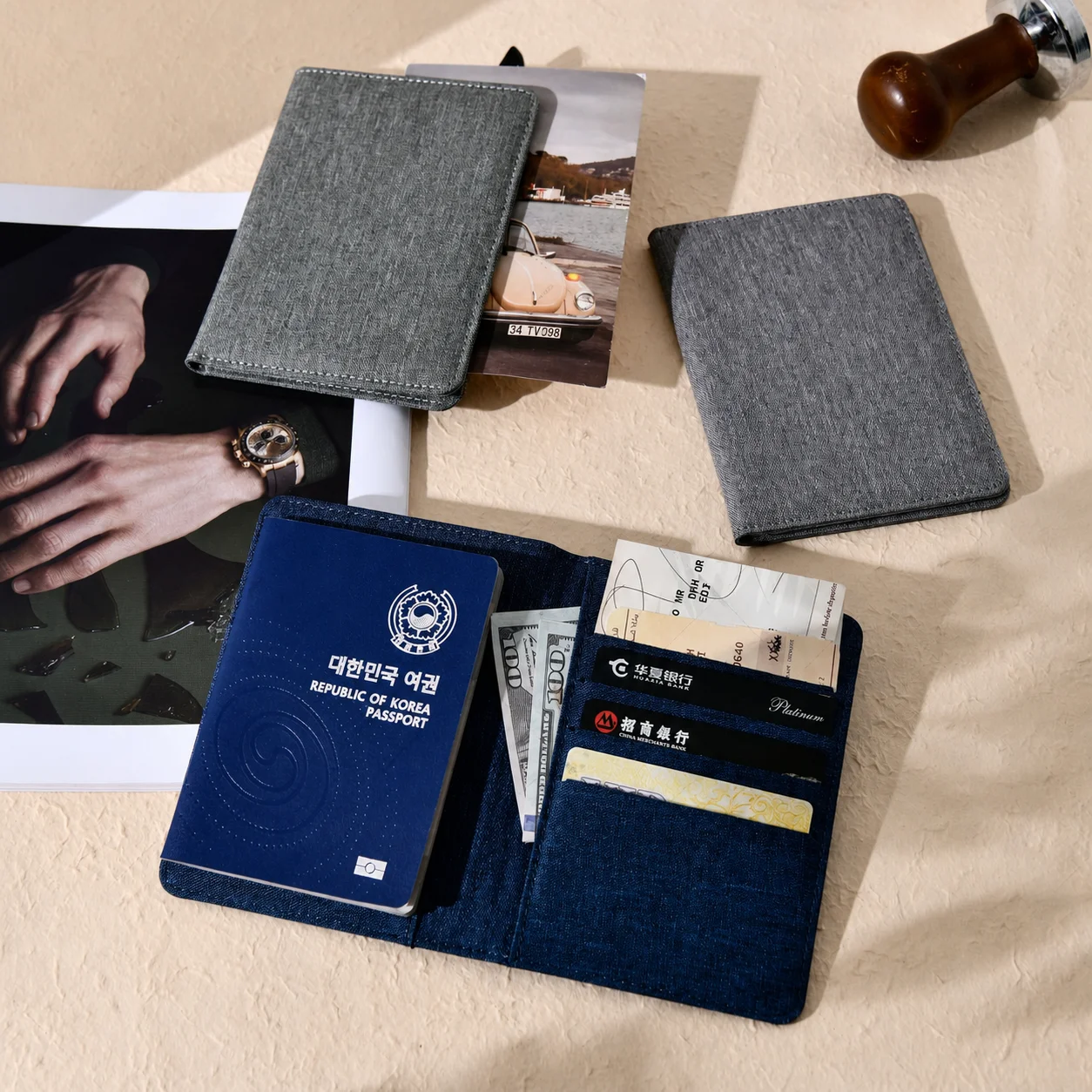 Minimalist Canvas Passport Holder, Water-resistant Wearproof Multi-slot Travel Document Organizer for Passport Cards Cash