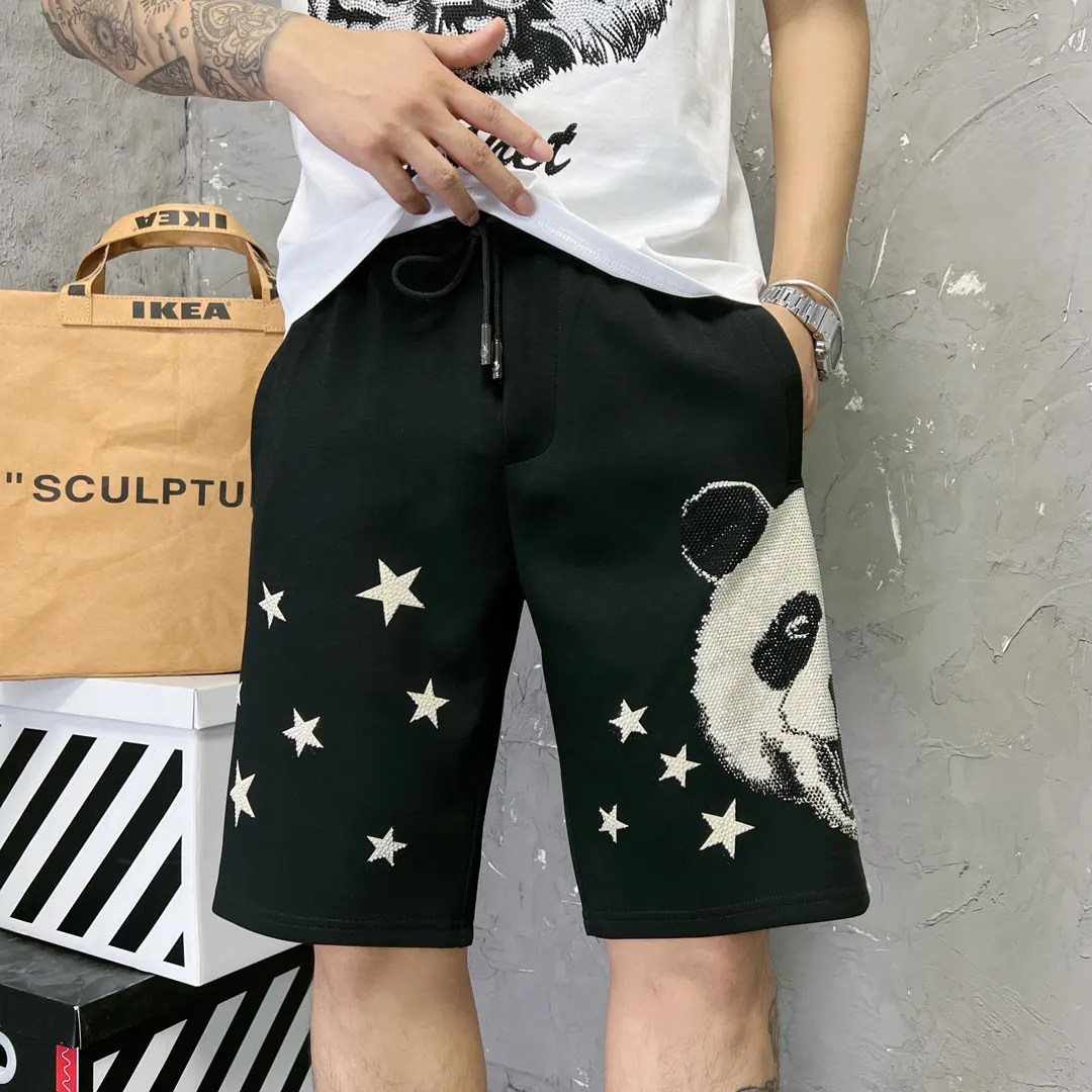 Trendy Panda Hot Drilling Knee-length Pants for Men Large Size Black Straight Pants 2023 New Summer Diamonds Printing Shorts