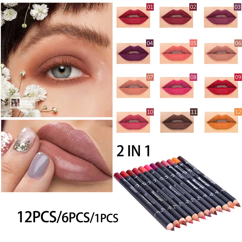 

12Pcs/6Pcs/1Pcs Waterproof Eyeshadow Pencil Lipstick Set Pen Matte Lip Liner Long Lasting Makeup Pens Easy to Wear Non-stick Cup