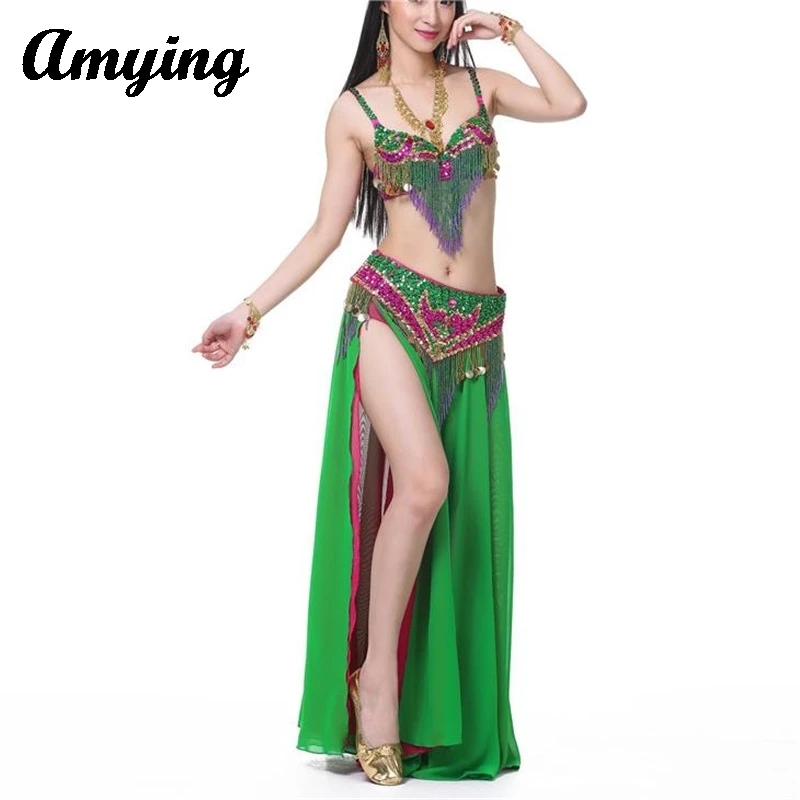 

Sexy Bra+Belt+Double Split Color Ding Skirt Dance Practice Suit Women Belly Dance Dress Ladies Stage Performance Costume Set