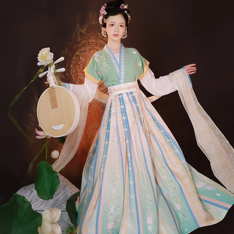 Tang Dynasty original female Hanfu Chinese style half sleeve waist Hanfu female pleated skirt vintage temperament suit