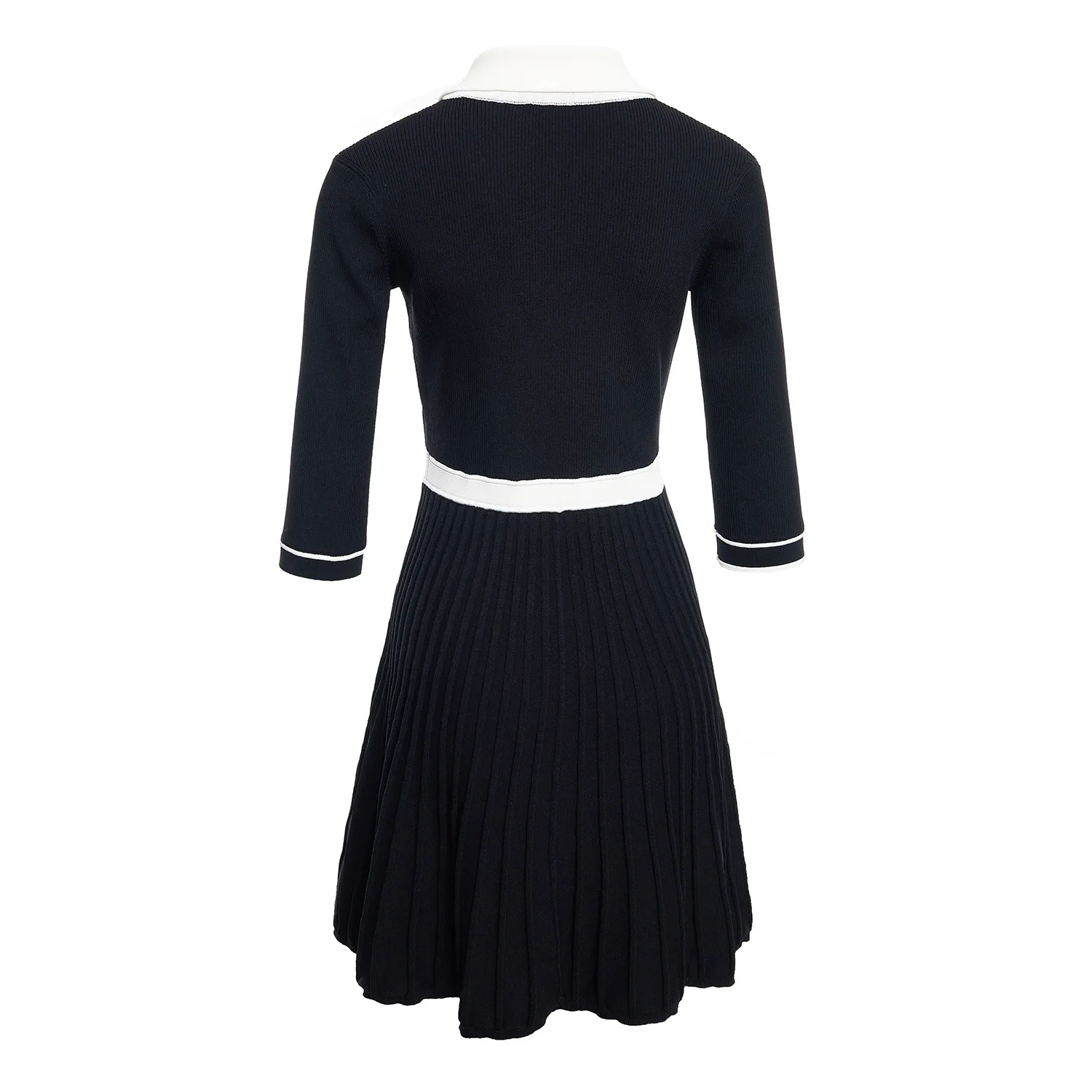 2025 Summer Women's Dress Color Clash Half Sleeve Knitted Dresses Polo Neck Single-breasted A Line Skirts Slim Elegant Clothing