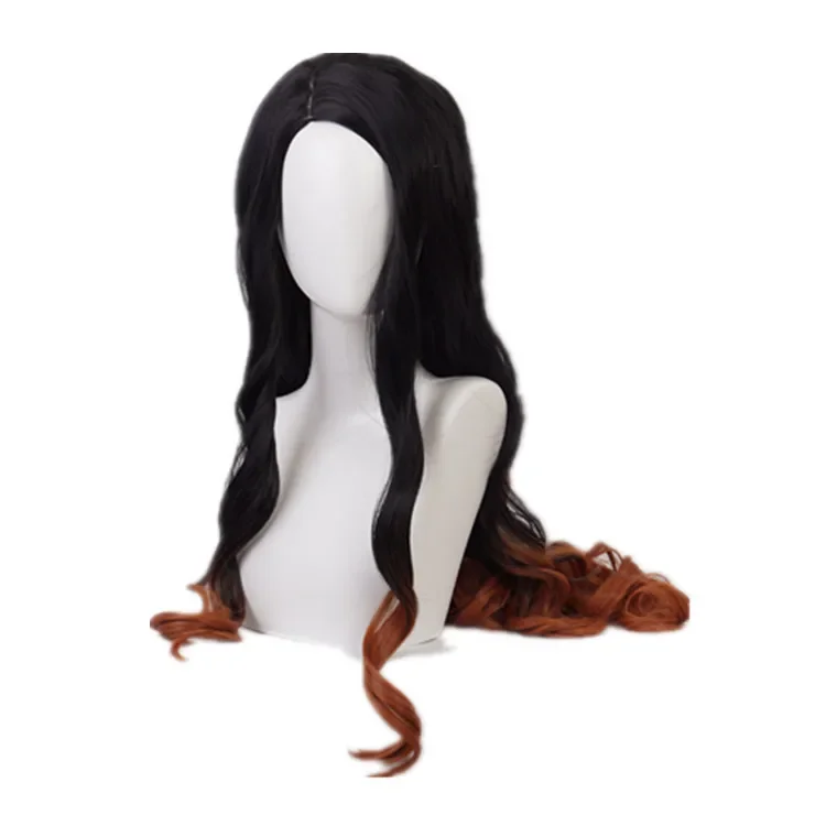 Japanse Anime Kamado Nezuko Cosplay Pruik Lang Zwart Oranje Gradiënt Krullend Pruiken Vrouw Comic-con Prestaties Kostuum Accessoires
