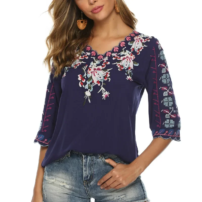 TEELYNN Boho Blouse Shirts Women V Neck Loose Casual Cotton Floral Embroidery Autumn Vintage Camisas Mujer Boho Ladies Tops