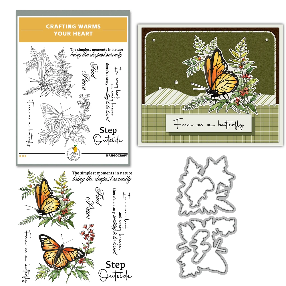 Mangocraft Butterfly & Flowers Leaves Cutting Dies Clear Stamp DIY Scrapbooking Metal Dies Silicone Stamp For Cards Albums Decor