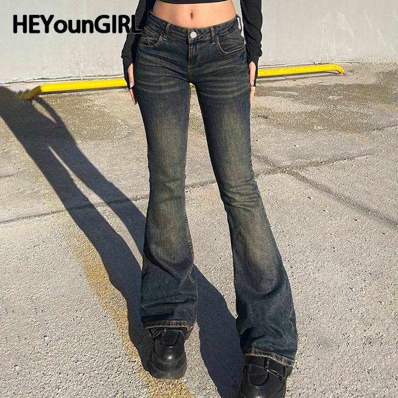 HEYounGIRL Y2K Low Waist Flare Jeans Women Retro Stylish Distressed Slim Denim Trousers High Street Korean Harajuku Pants 2000s