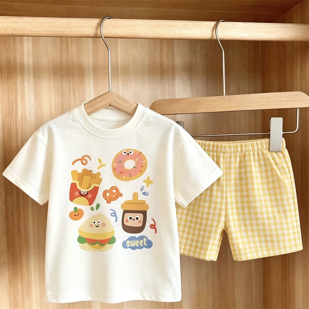 Girls Lovely TShirt Plaid Shorts Two Piece Set 2026 Summer New Printing Crewneck Tees Simple Versatile Shorts Toddler Fashion