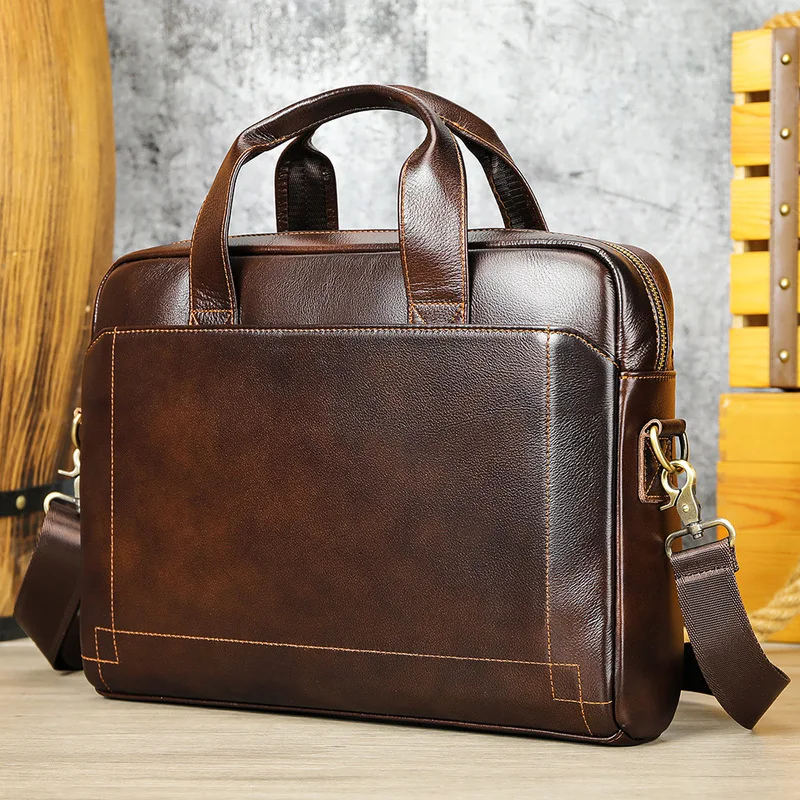 Retro Men's genuine leather handbag, top layer of cowhide, business bag, genuine leather laptop bag, official bag
