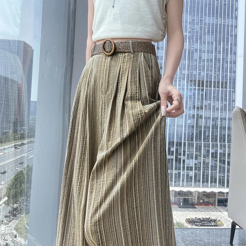 

linen striped suit wide leg pants for women in summer, high waist slimming straight leg casual and lazy style Yamamoto pants