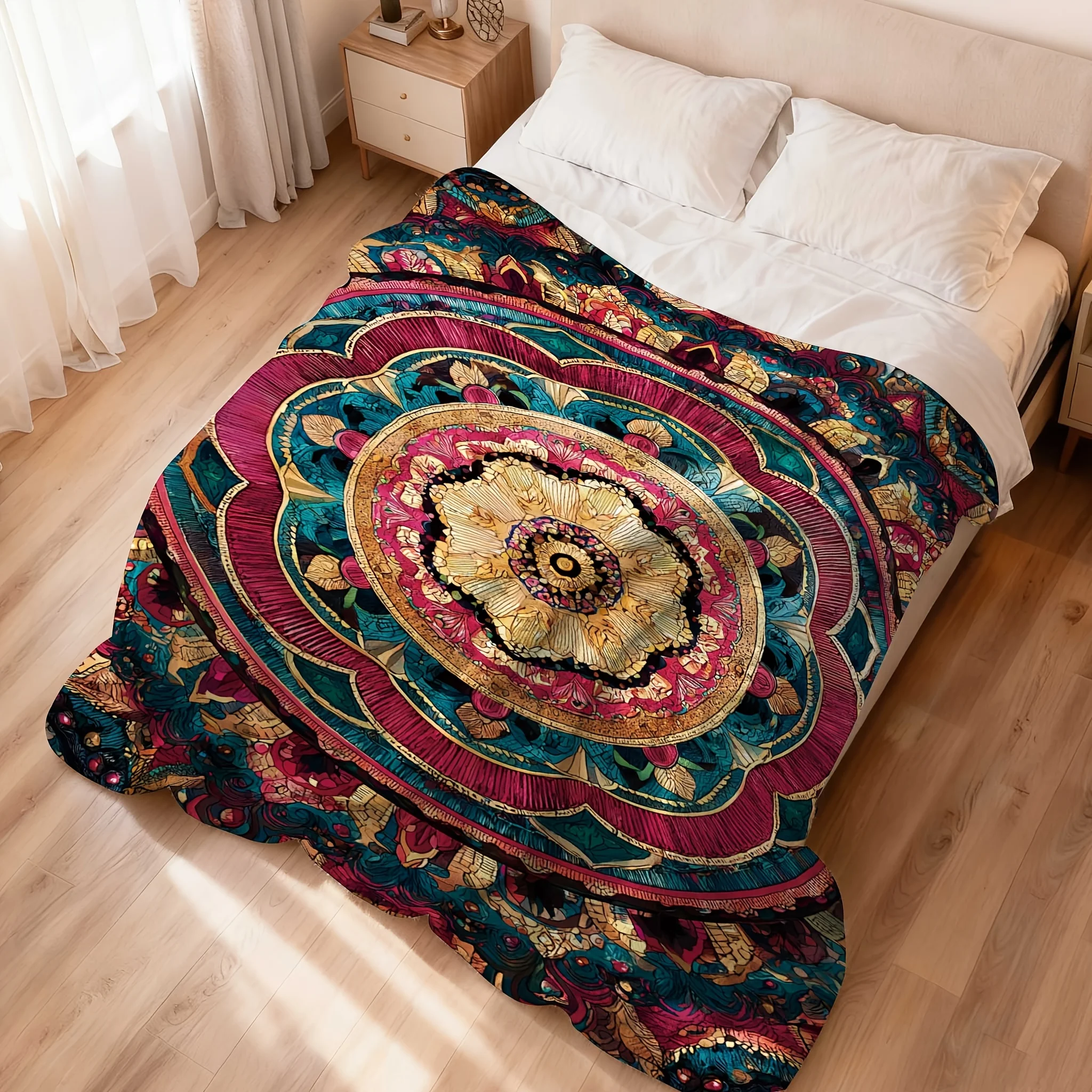 1pc Flannel Blanket, Bohemian Mandala Pattern Decor in Red And Yellow, 2D Printed Throw, Camping Blanket for Birthday/Holiday Gi