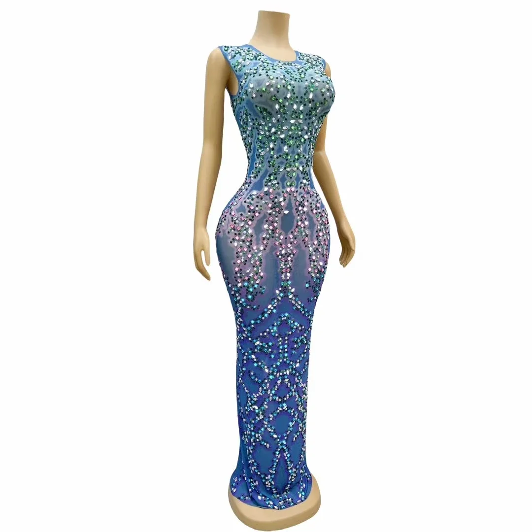 Fashion Multicolor Rhinestone Crystal Sleeveless Dress Sexy Stretch Outfit Singer Stage Birthday Sequin Women Party Evening Gown