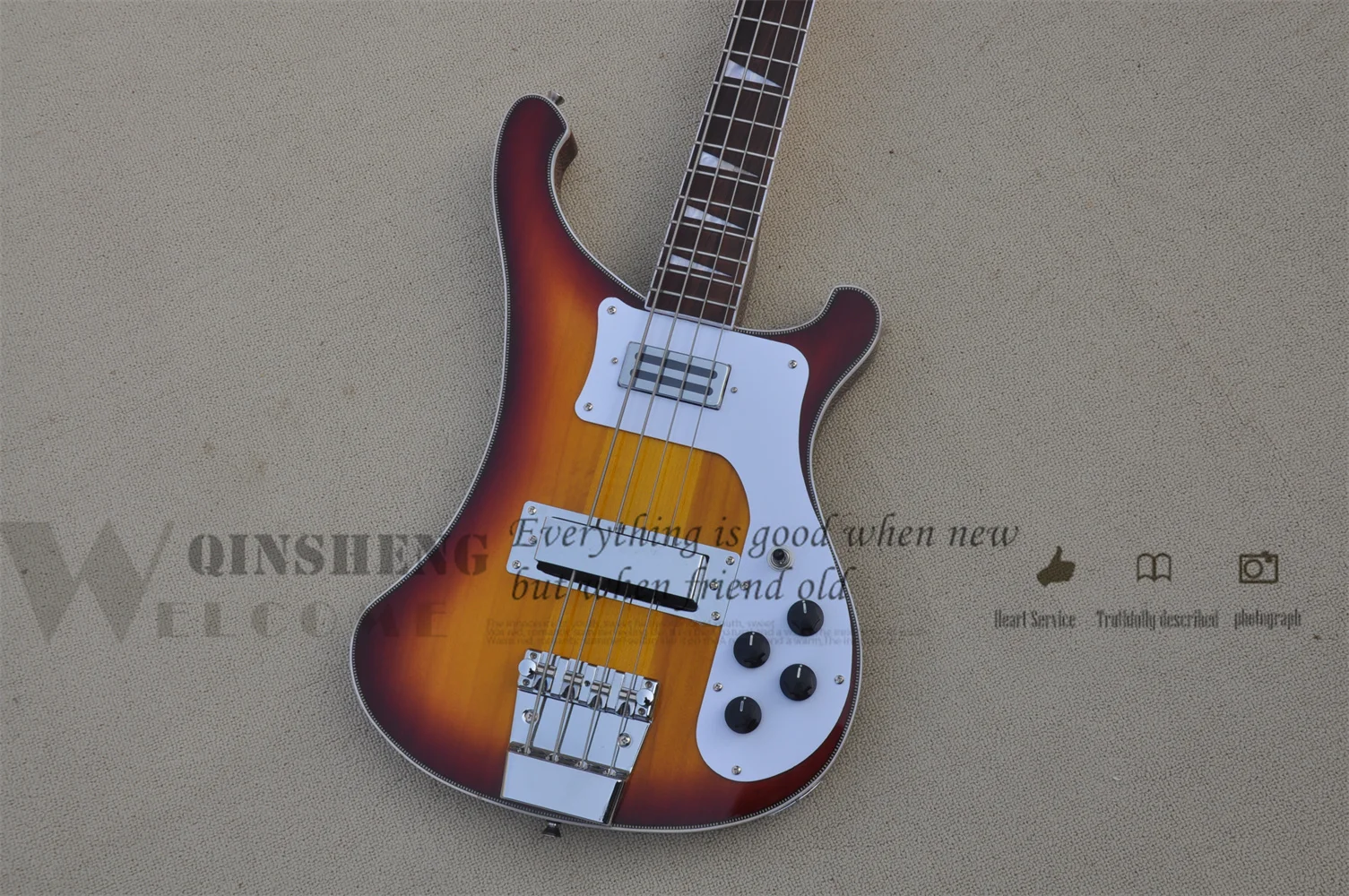 In stock electric guitar bass,4 strings 4003 bass,Sunburst bass,Neck through body,fishbone binding  chrome buttons