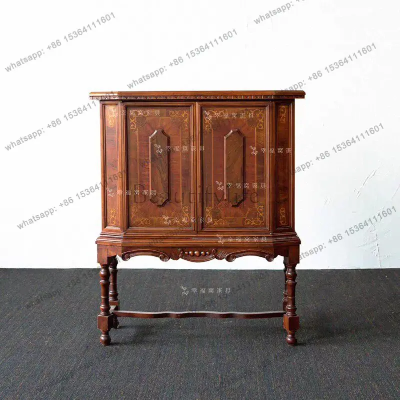 

French solid wood parquet retro side cabinet, living room decorative storage cabinet