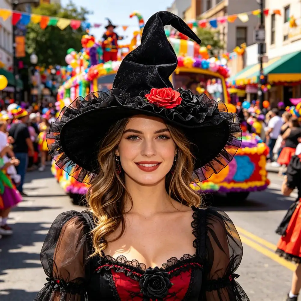Drapey Wrinkle Witch Hat Velvet Witch Hat Women's Large Ruched Witch Hat with Ruffle Flowers Halloween Felt for Masquerade