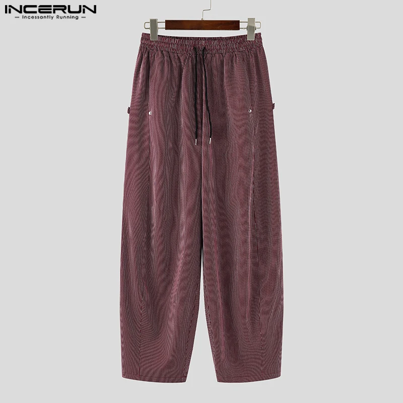 INCERUN Men Pants Striped Drawstring Joggers Loose Casual Trousers Men Streetwear 2025 Oversize Fashion Leisure Wide Leg Pants