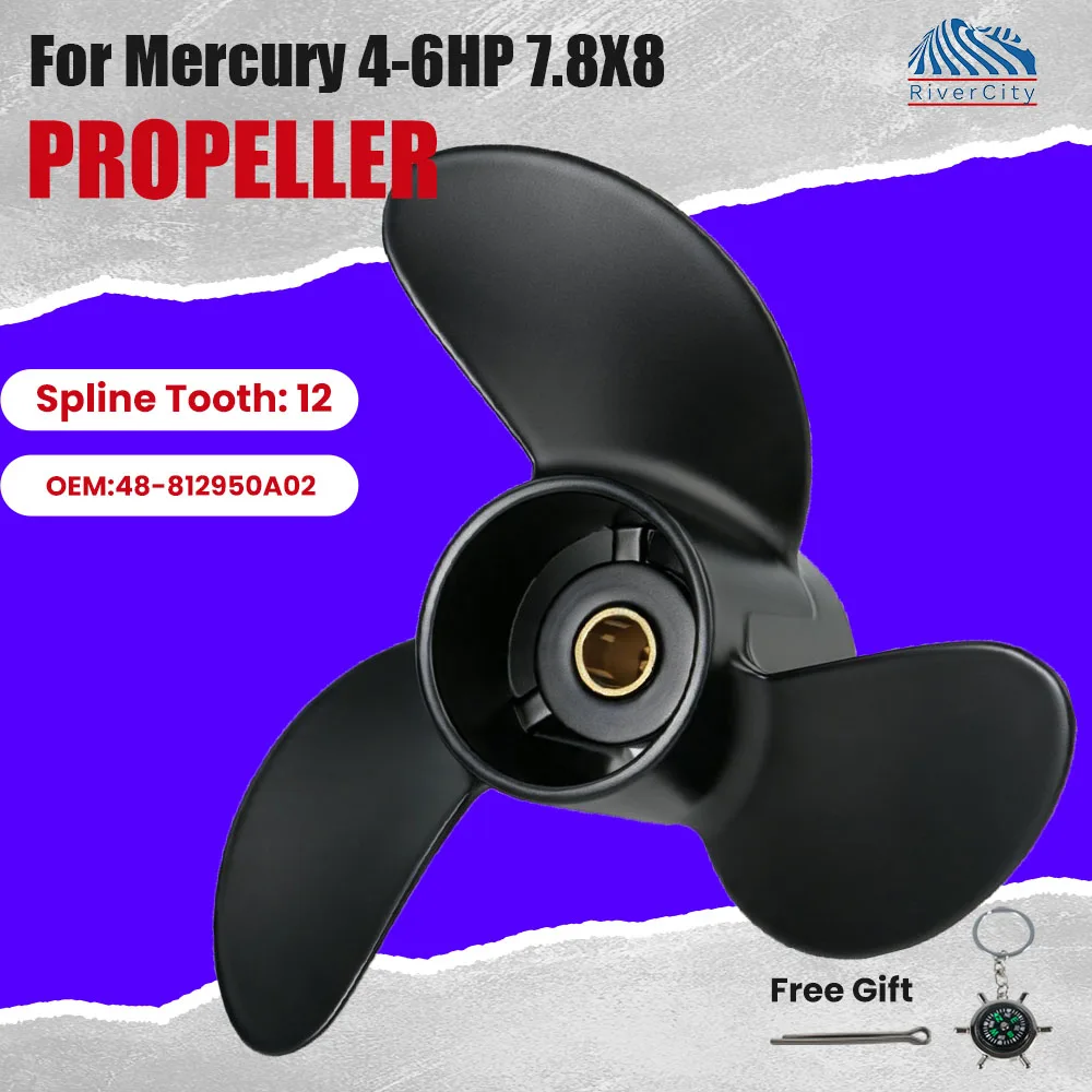 Boat Propeller 7.8x8 for Mercury 4HP 5HP 6HP Outboard Engine Aluminum Alloy Screw 3 Blade 12 Spline 48-812950A02