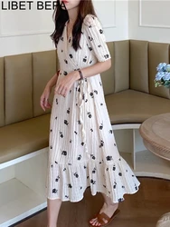 DR9068 2024 New Printed Floral V-Neck High Waist Vintage Lace Up Korean Style Elegant Wild Lady Women Spring Summer Long Dress