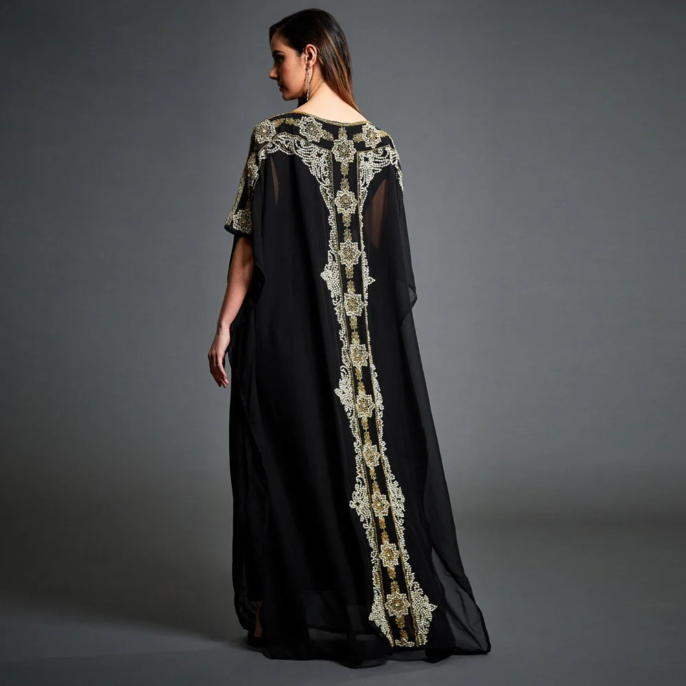 2024 Black Gold Color Breath Women's Middle Eastern Gold Print Pattern Muslim Round Neck Robe Holiday Skirt Chiffon Print Dress