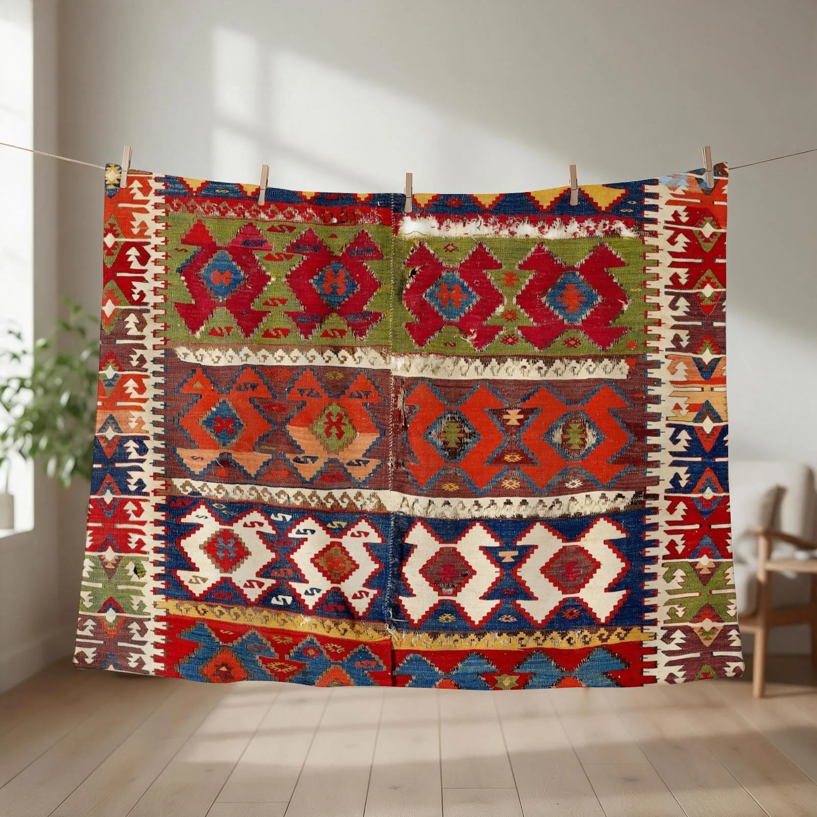 Mut Taurus Anatolian Kilim Print Throw Blanket couch cozy soft plush fuzzy picnic outdoor blanket
