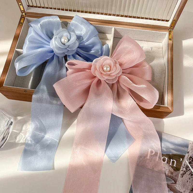 Elegant Ribbon Camellia Flower Bow Hair Clip For Women Girls Solid Color Spring Clip Fashion Headband Sweet Hair Accessories