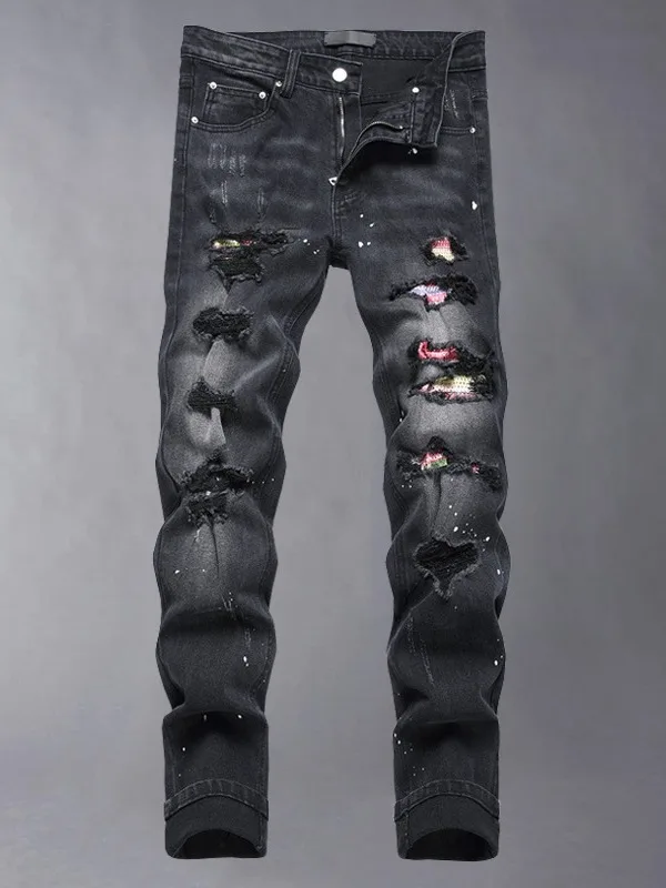 ファッショナブルでトレンディなメンズスリムフィットデニムジーンズ、リペアパッチ付き、伸縮性のあるカジュアルロングパンツ、ブラックホールデザイン、若者向け