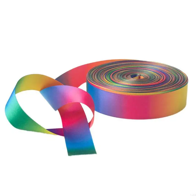 

N5KB 50 Yards Double Sided Polyester Ribbon Roll Rainbow Colorful Printed for DIY Handmade Hair Bow Gift Wrapping