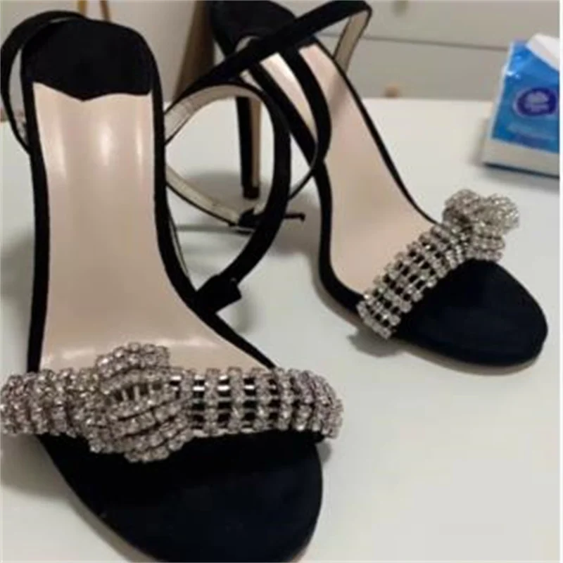 

Diamond Lady Shoes Black Thin High Heels Back Strap Rhinestones Pumps Femme Open Toe Zapatos Para Damas En Oferta Sandals Female