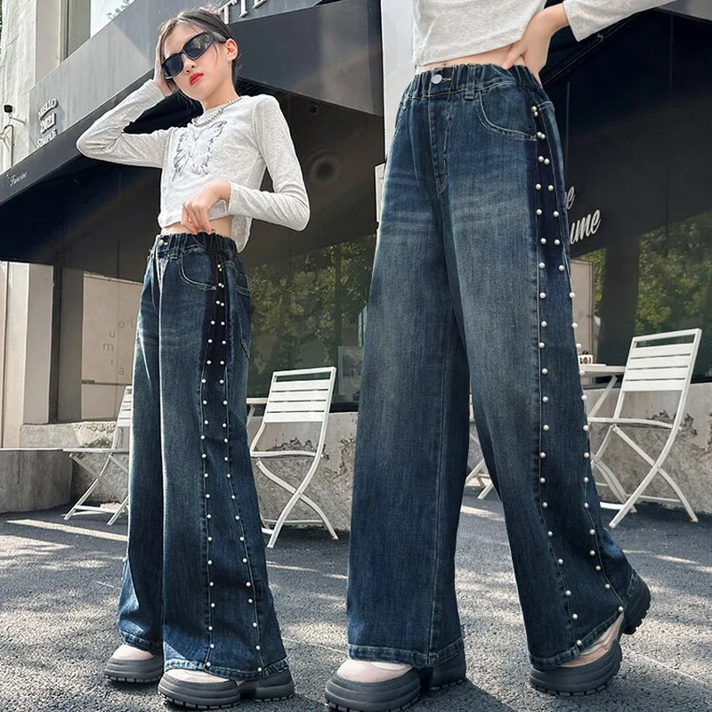 New Fashion Teenager Girls Denim Wide Leg Pants Child Trousers Spring Autumn Girl Side Pearl Design Jeans 5-14 Yrs Kids Clothes