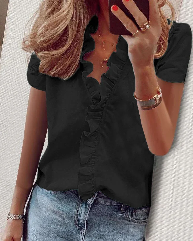 White Womens Shirts Tops Summer Short Sleeve Casual Ruffles V-Neck Office Blouses Ladies Camisas De Mujer Elegant Women Shirts