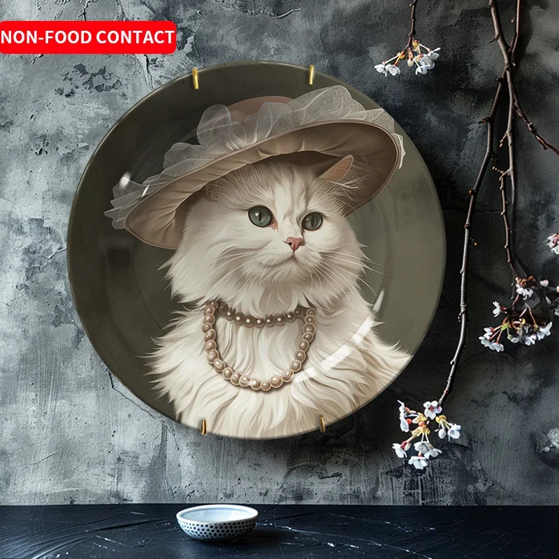 1pc Elegant Cat Ceramic Decorative Plate with Pearl Necklace & Hat Design - Vintage-Inspired Art Deco Round Non-Food Contact