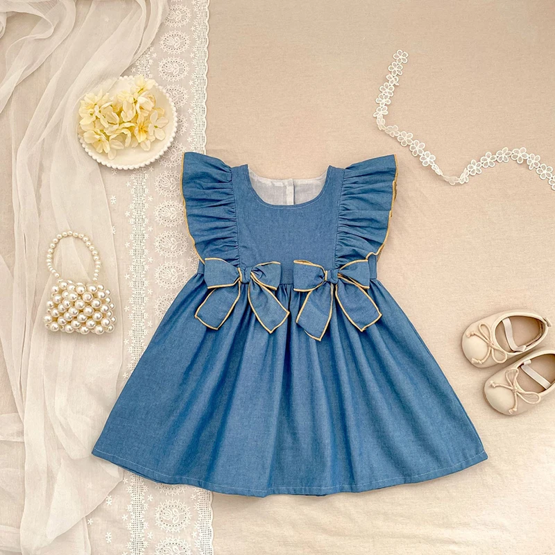 2026 Girls Dress Summer New Style Bow Denim Sleeveless Girl Baby Children 2-6Yrs Dress Western Children Clothing ﻿