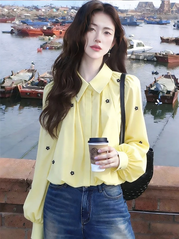 

Unique Collar Bubble Long Sve irt Women's Design Sensation Spring Autumn Special Beautiful Top Casual Sle Floral ...