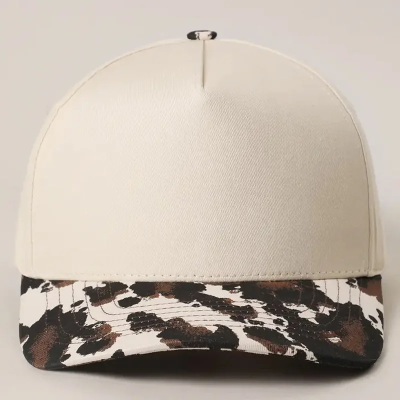 American retro leopard print color-block baseball cap, two-tone cow print wide-brim canvas trucker hat, sunshade hat