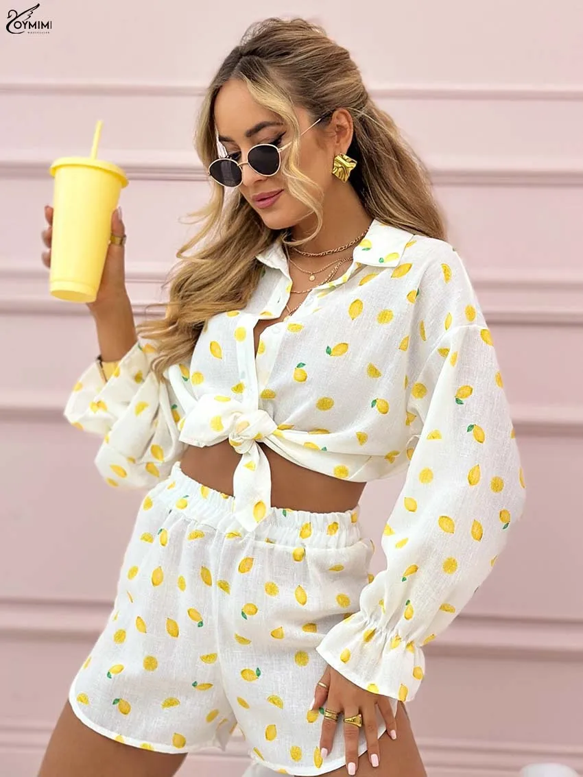 

Oymimi Elegant Pink Print Two Piece Set Woman Fashion Lapel Long Sleeve Single Breasted Shirts And High Waist Shorts Female Sets