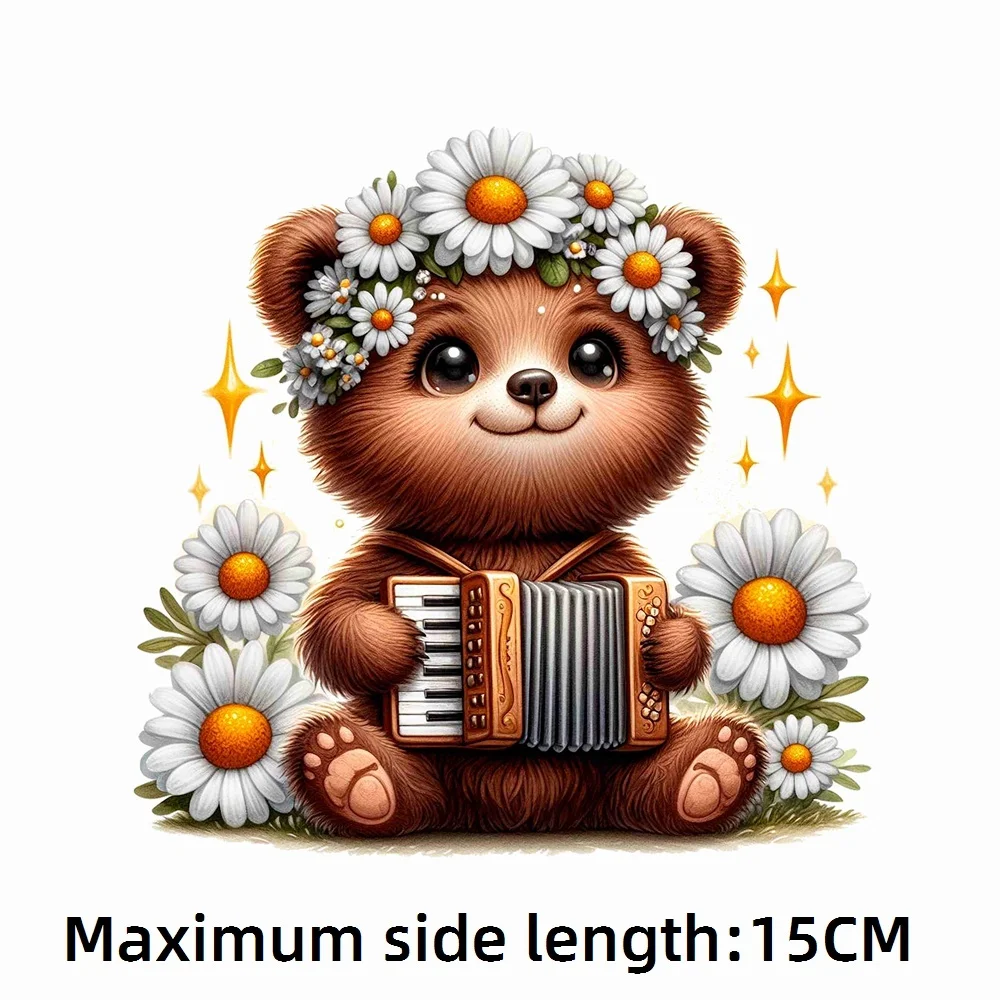 15cm Kids Flower Brown Bear Iron On Heat Transfer Stickers For Clothes DTF Pinted Vinyl Thermal Appliques Washable T-Shirt Decal