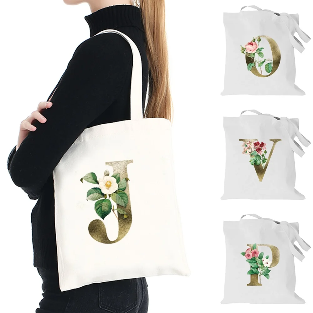 

Women Shopping Bag Organizer Canvas Tote Bag Large Capacity Golden Flower Letter Pattern Shoulder Handbag Commute Shopper Bag