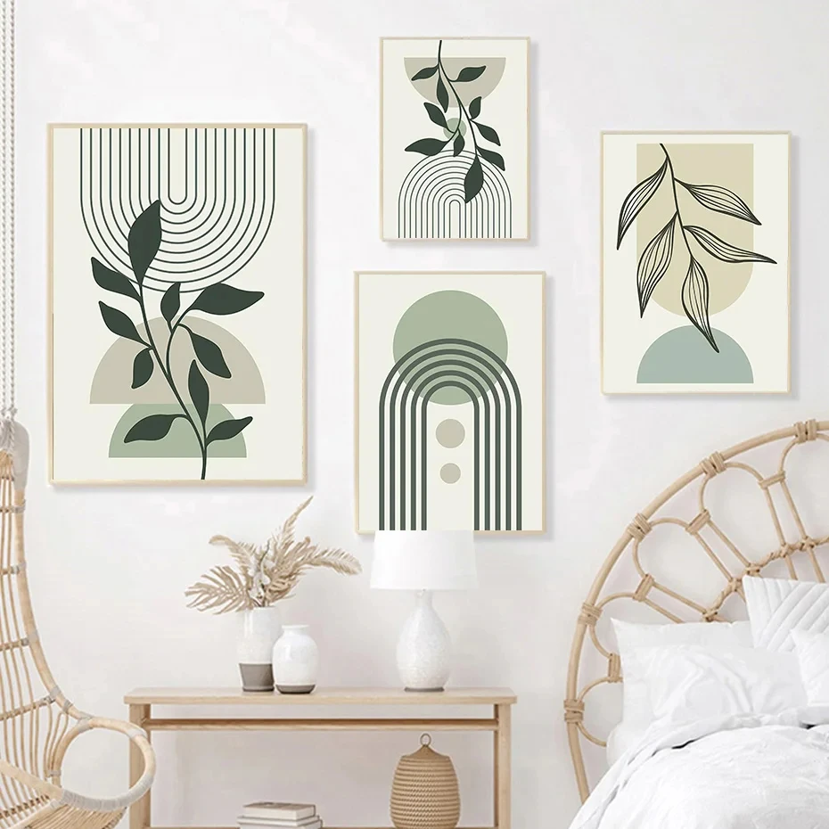 Green Leaf Geometry Line Canvas Painting  Abstract  Wall Art Poster And Prints For Living Room Home Wall Decor