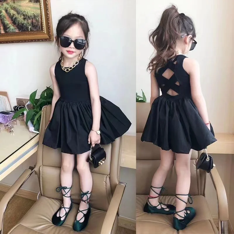 Elegante vestido gótico para meninas, vestido preto sem mangas, vestido de festa sem costas, vestido infantil, 4 anos, 5 anos, 6 anos, 8 anos,