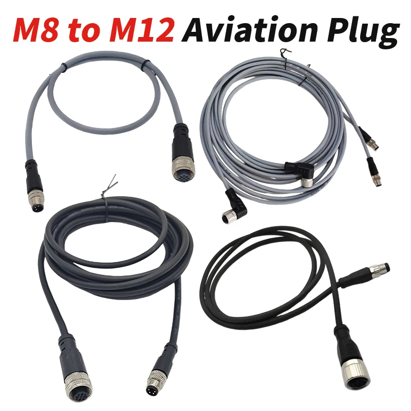 M12 to M8 Aviation Plug Sensor Cable Male Female Waterproof 3Pin 4Pin 5Pin Extension Wire Proximity Switch Encoder Automation
