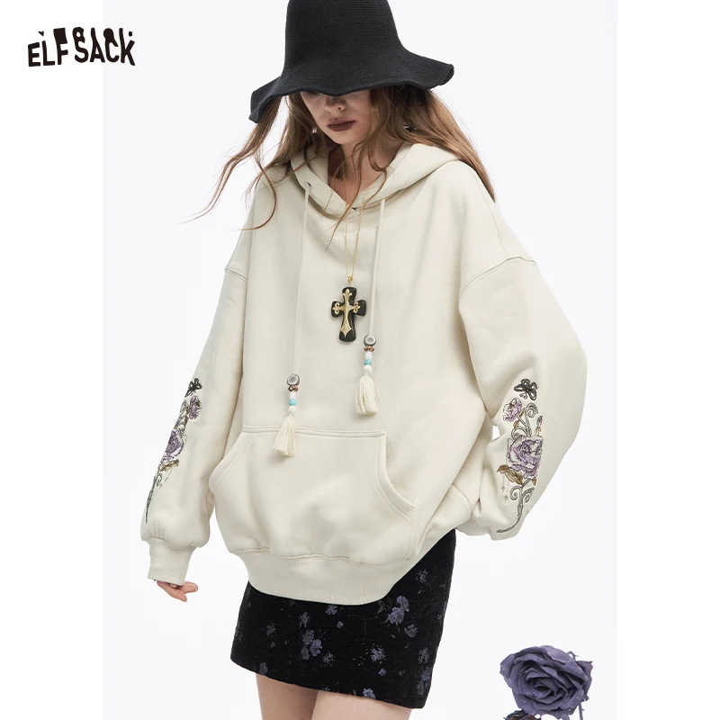 

ELFSACK 2025 Winter New Arrivals Y2K Casual Loose Solid Floral Graphic Tassel Drawstring Hooded Sweatshirt For Women