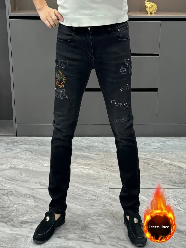 

Мужские зимние джинсы на подкладке, модные узкие прямые брюки с вышивкой, повседневные брюки со средней талией и вышивкой