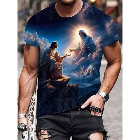 Summer fashion men's printed T-shirt Jesus Saint Mary round neck casual quick drying sports short sleeved plus size comfortable