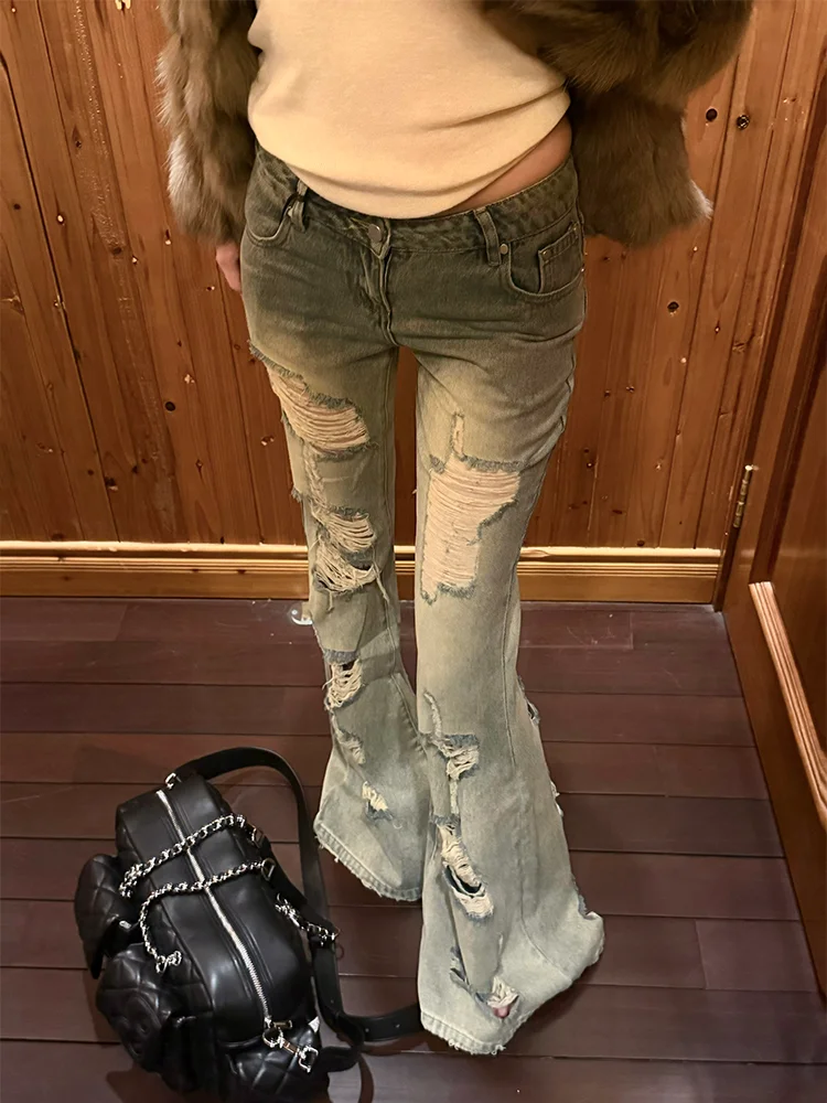 

Джинсы женские больших размеров в американском ретро-апокалиптическом стиле с дырками, летние, с эффектом потертости, зауженные, микро-клеш, длинные брюки