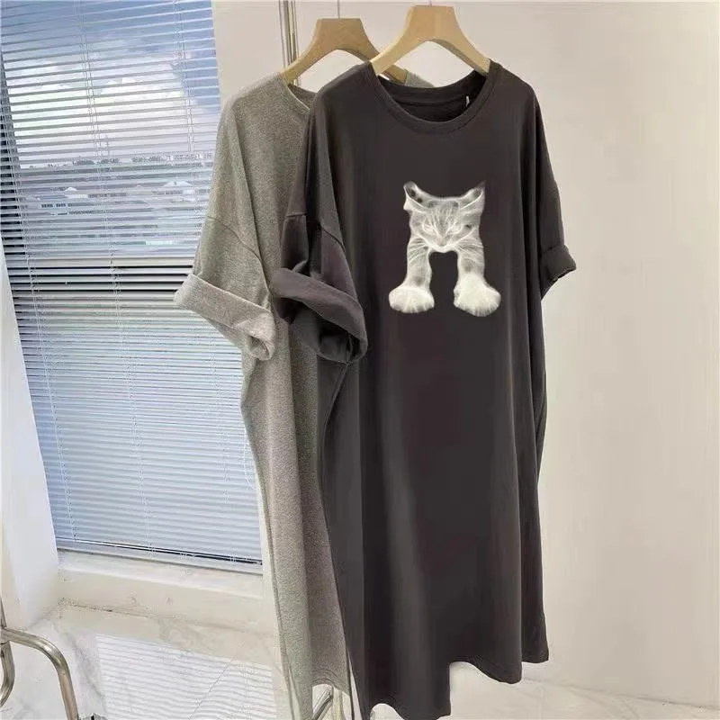 Übergroßes, lockeres, kurzärmeliges Kleid für Damen, Cartoon-Druck, schlichtes, lässiges, vielseitiges Pulloverkleid – Detail 3