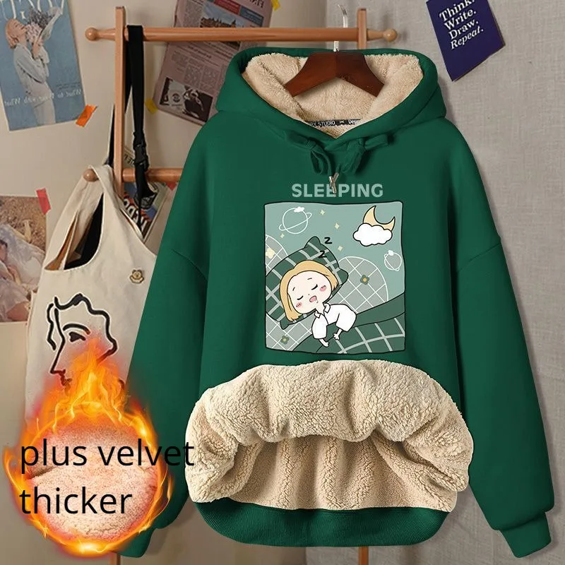 Character Hoodies Women Hooded Lovely Preppy Style Loose Youthful All-match Plus Velvet Thicker Popular Winter Casual Ladies