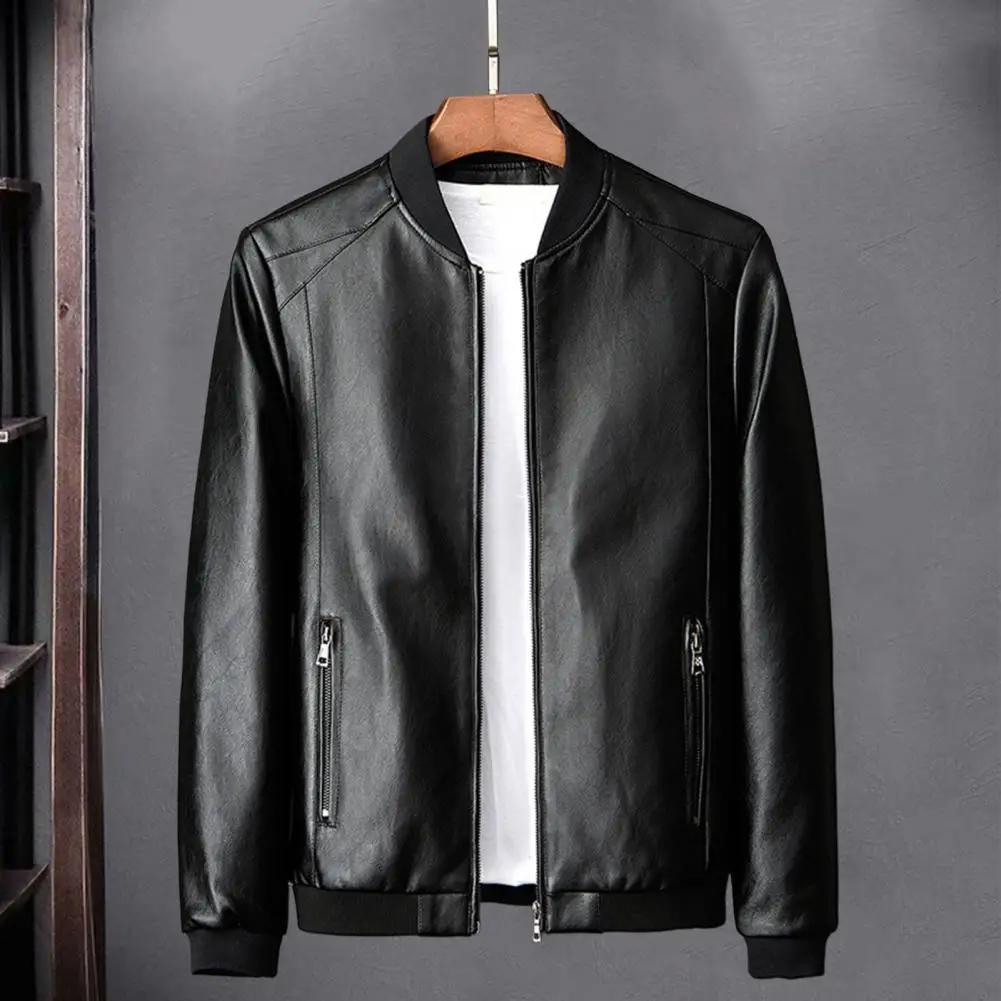 Fall Coat Men Faux Leather Windproof Stand Collar Long Sleeve Solid Color Zipper Pockets Elastic Cuff Men Motorcycle Jacket