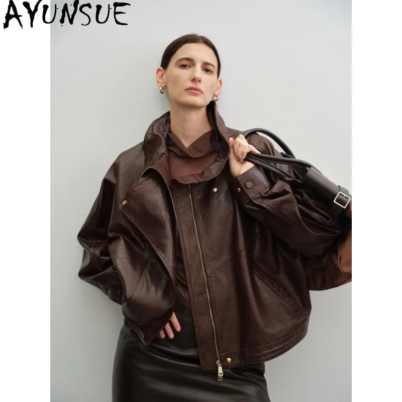AYUNSUE Real Leather Jacket Women Clothing High-end Autumn Womens Coats Lamb Skin Motorcycle Coat Black Trendy Косуха Женская