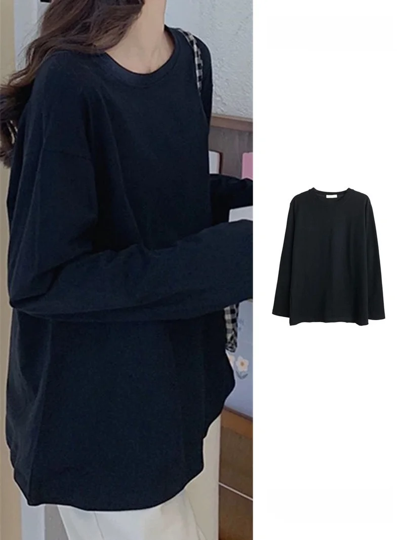 Early Autumn plus Size Extra Large Cotton T-Shirt Women's Loose Long Sleeve Thin Style Fashionable Black Top for Outerwear An...