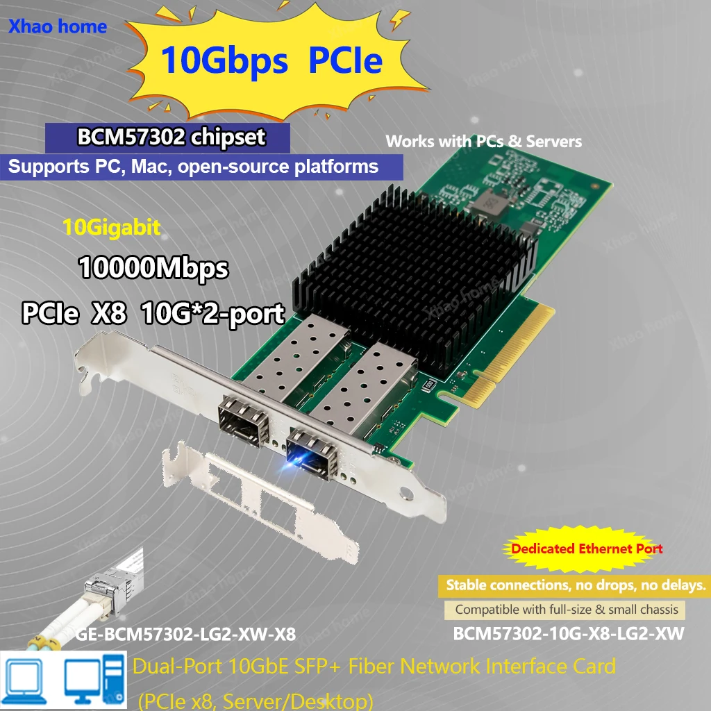 

BCM57302 2-Port 10G SFP+ PCIe Fiber Network Card Industrial-Grade Server NIC for Synology NAS Workstations Traffic Aggregation