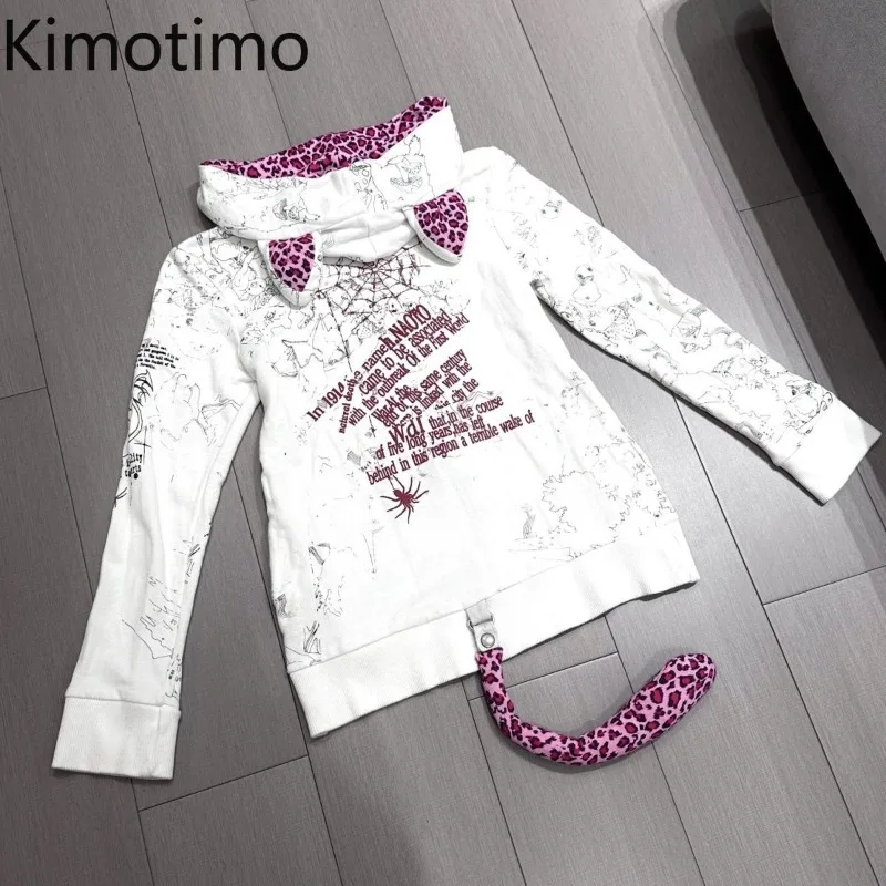 

Kimotimo, японская толстовка с леопардовым принтом и кошачьими ушками, женская осенне-зимняя куртка на молнии с граффити, топ, винтажная толстовка в стиле Харадзюку